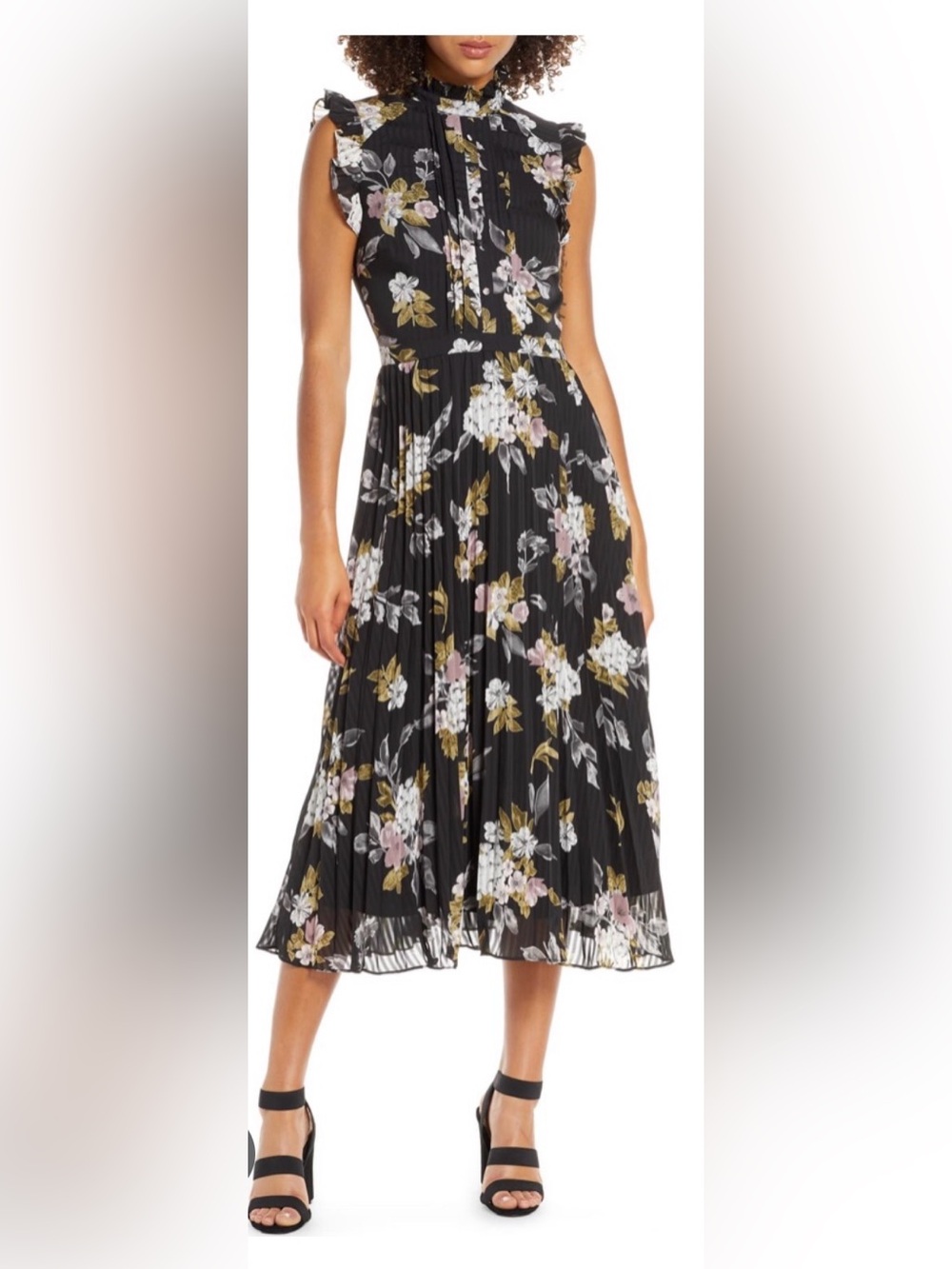 Chelsea28 (Nordstrom) Floral Pleated Midi Dress - Black Floral